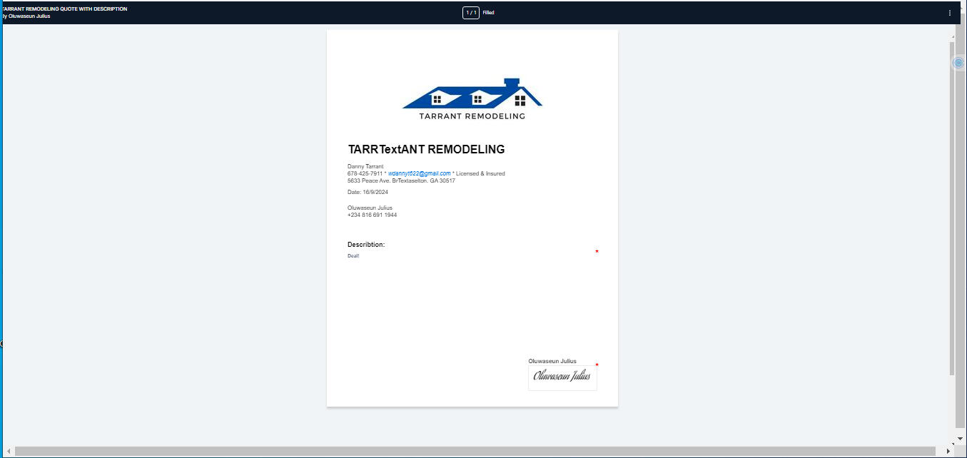 TARRANT REMODELING CONTRACT QUOTE